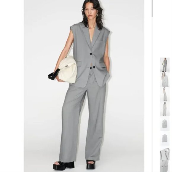 NWT ZARA 2 PIECES MATCH SET SUIT OVERSIZED LINEN BLEND VEST + FLARED PANTS GRAY - Picture 2 of 14